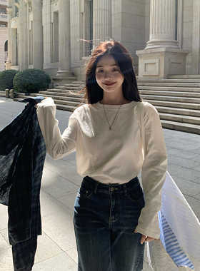 一三良品小个子 wan能小白t～白色基础长袖打底衫开叉T恤女秋冬
