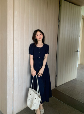 一三良品小个子 法式气质蓝色连衣裙子女简约高级感收腰显瘦长裙