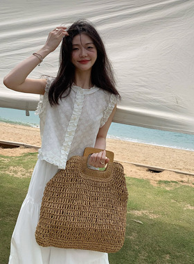 一三良品小个子法式木耳边白色蕾丝衬衫无袖背心上衣半身裙套装女