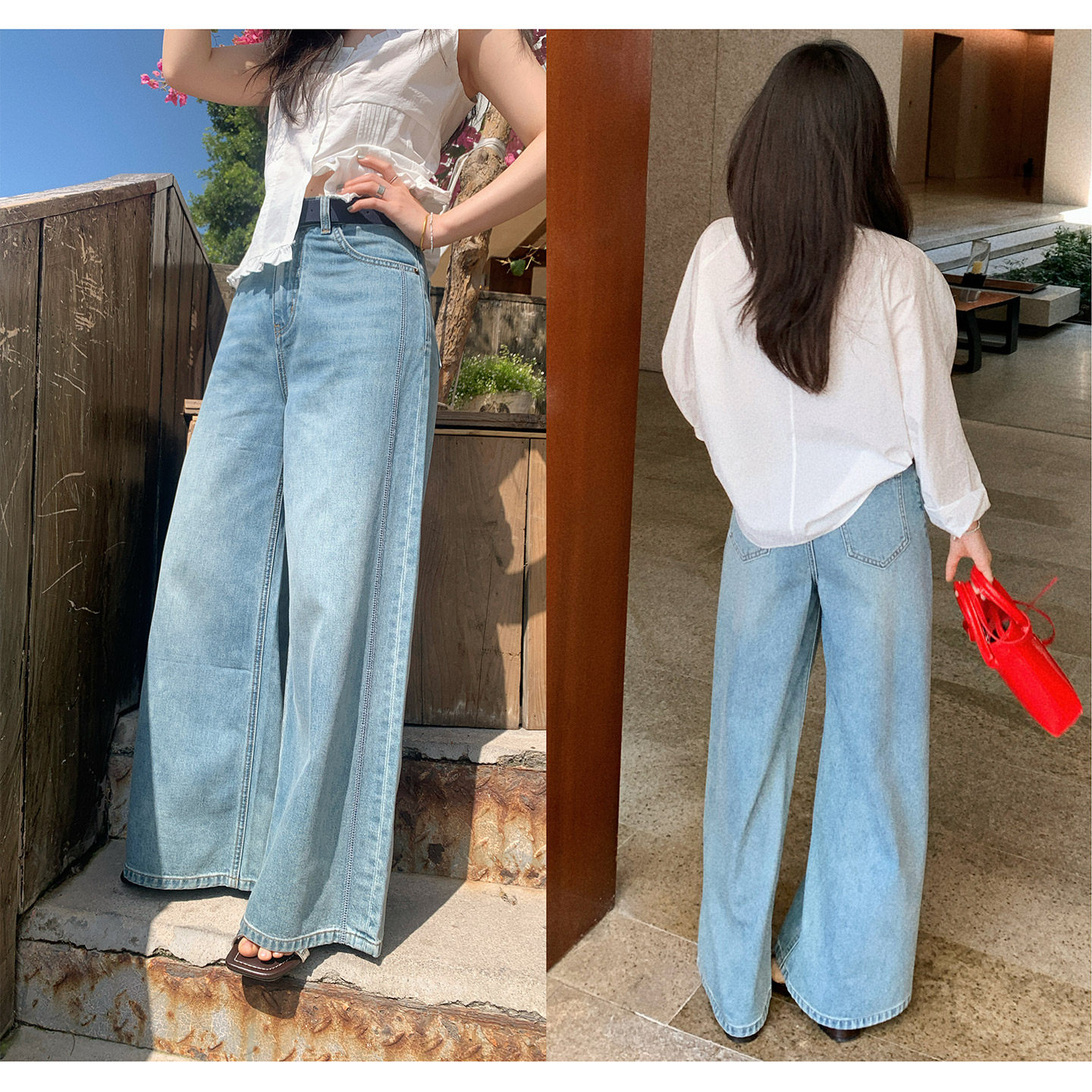 一三良品小个子  通勤气质浅蓝色休闲牛仔裤直筒阔腿裤女春夏裤子