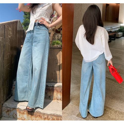 通勤气质浅蓝色休闲牛仔裤直筒阔