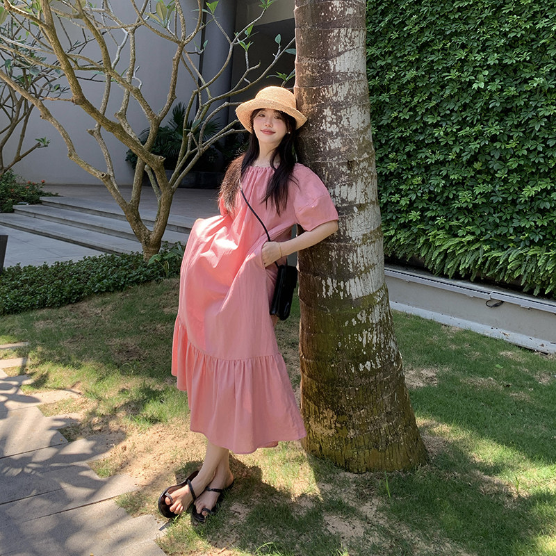 一三良品小个子蜜桃粉苎麻棉麻温柔度假风宽松V领连衣裙长裙子女