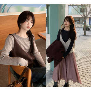 一三良品小个子 韩系复古吊带马甲背心长袖针织衫上衣两件套女秋