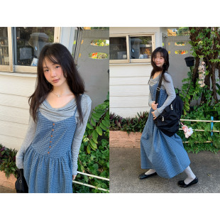 复古feel淡人格子吊带裙连衣裙女春季 一三良品小个子 叠穿拿捏