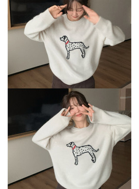 一三良品小个子 白色灰圆领斑点狗针织衫套头毛衣洋气显瘦女冬新