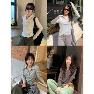 显瘦春 T恤上衣女150cm修身 一三良品小个子 老钱风翻领polo领长袖