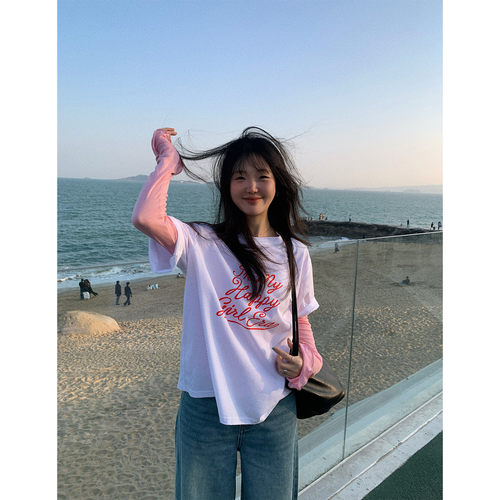 宽松百搭多巴胺字母印花短袖T恤