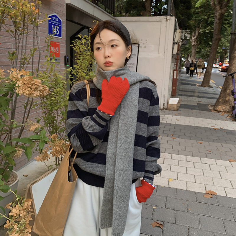 一三良品小个子 撞色条纹针织衫女打底衫内搭短款上衣