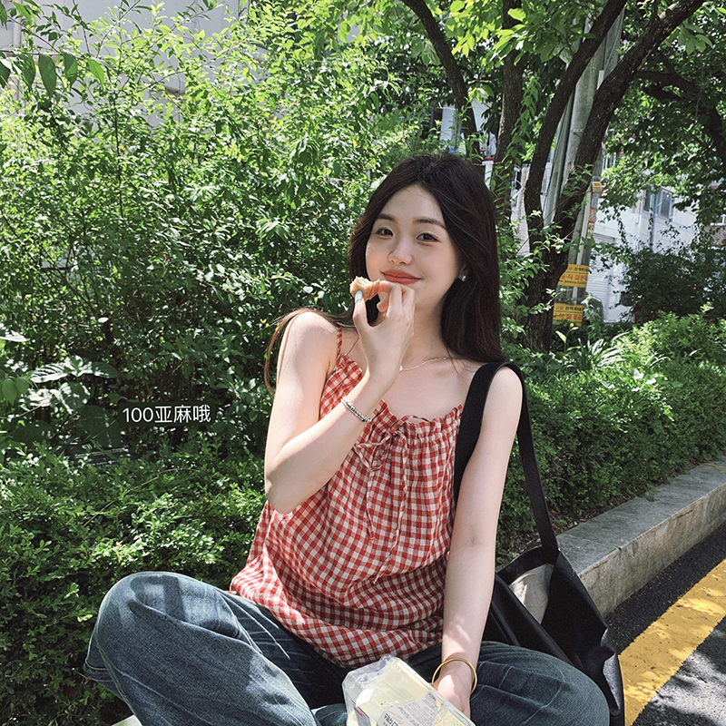 一三良品小个子 复古无袖亚麻抽绳格子背心女夏吊带短款无袖上衣