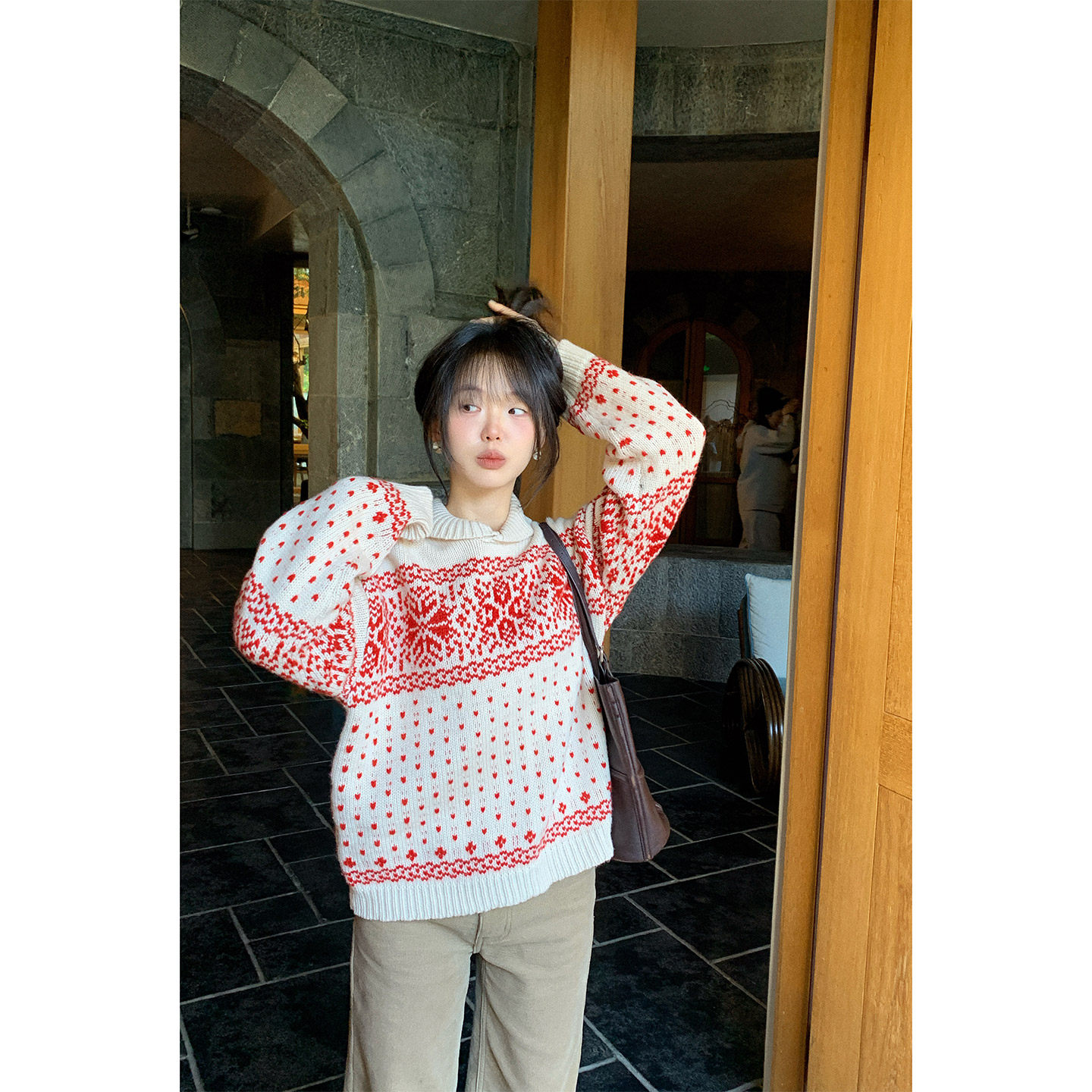 一三良品小个子 费尔岛羊毛翻领复古老钱风毛衣女冬短款针织衫