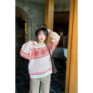 一三良品小个子 费尔岛羊毛翻领复古老钱风毛衣女冬短款针织衫