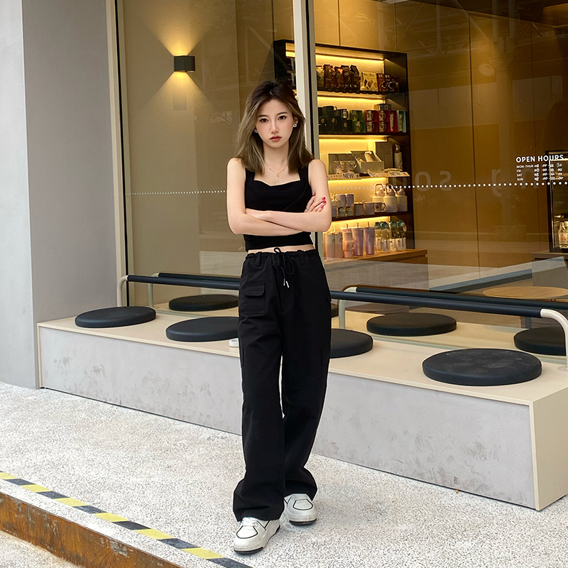 泰裤辣～美式工装阔腿裤女小个子设计感高腰宽松抽绳直筒休闲裤