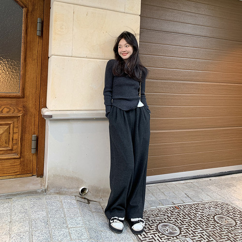 小个子休闲拖地裤深灰加厚阔腿裤