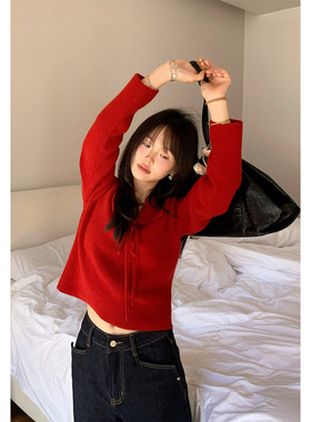 一三良品小个子 过年会红色娃娃领翻领毛衣针织衫女冬显瘦上衣