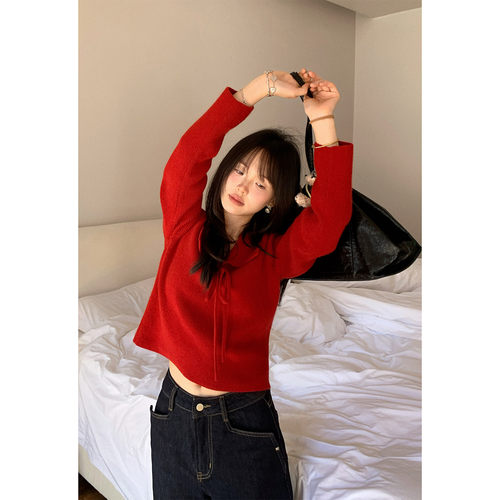 红色娃娃领翻领毛衣针织衫女冬