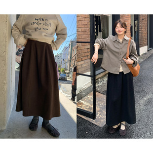 一三良品小个子 简约百搭显瘦松紧腰a字毛呢半身裙长裙子女冬加厚