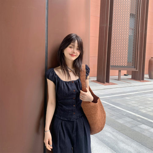 修身上衣直筒阔腿拖地裤两件套女