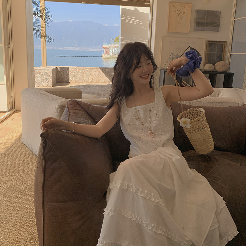 一三良品小个子 木耳边小白裙～叠穿白色背心连衣裙吊带裙女长裙