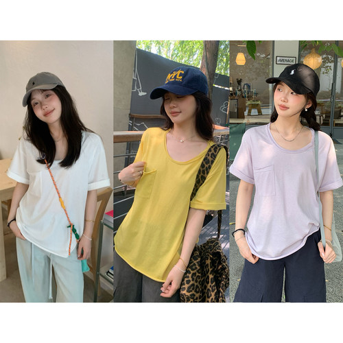 宽松大圆领卷边口袋T恤上衣女夏