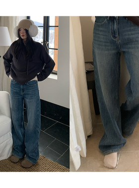 一三良品小个子 加厚加绒黑蓝色直筒牛仔裤爆款保暖阔腿裤子女冬