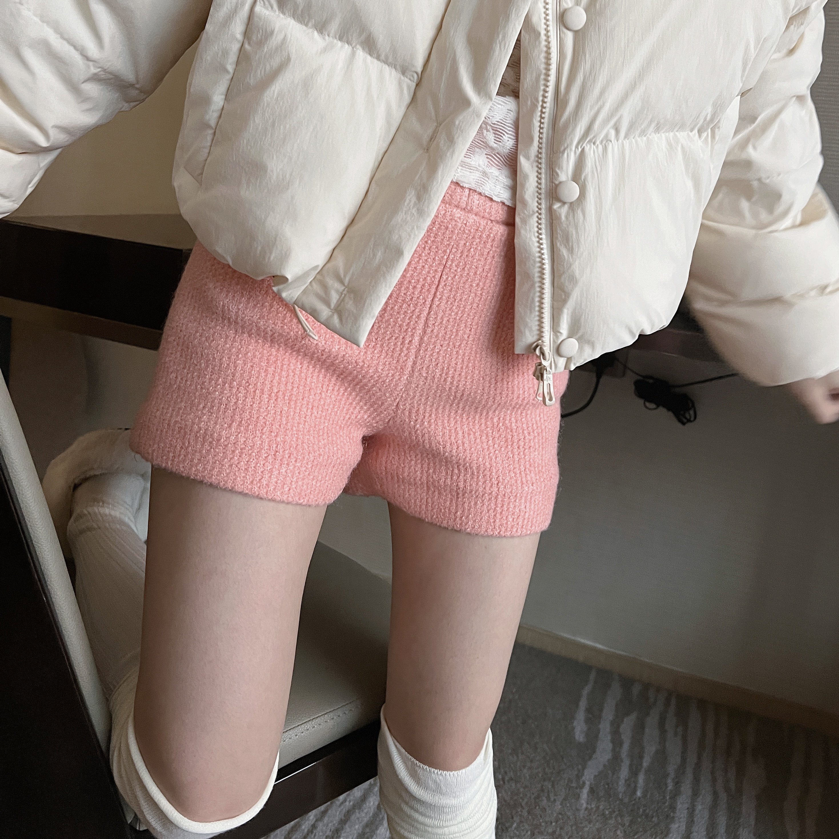 一三良品小个子 粉色纯欲辣妹高腰包臀修身加厚紧身短裤女靴裤冬