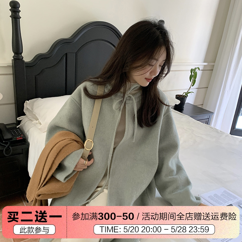 一三良品小个子 心软的神～抽绳蝴蝶结圆领羊毛双面呢大衣外套女