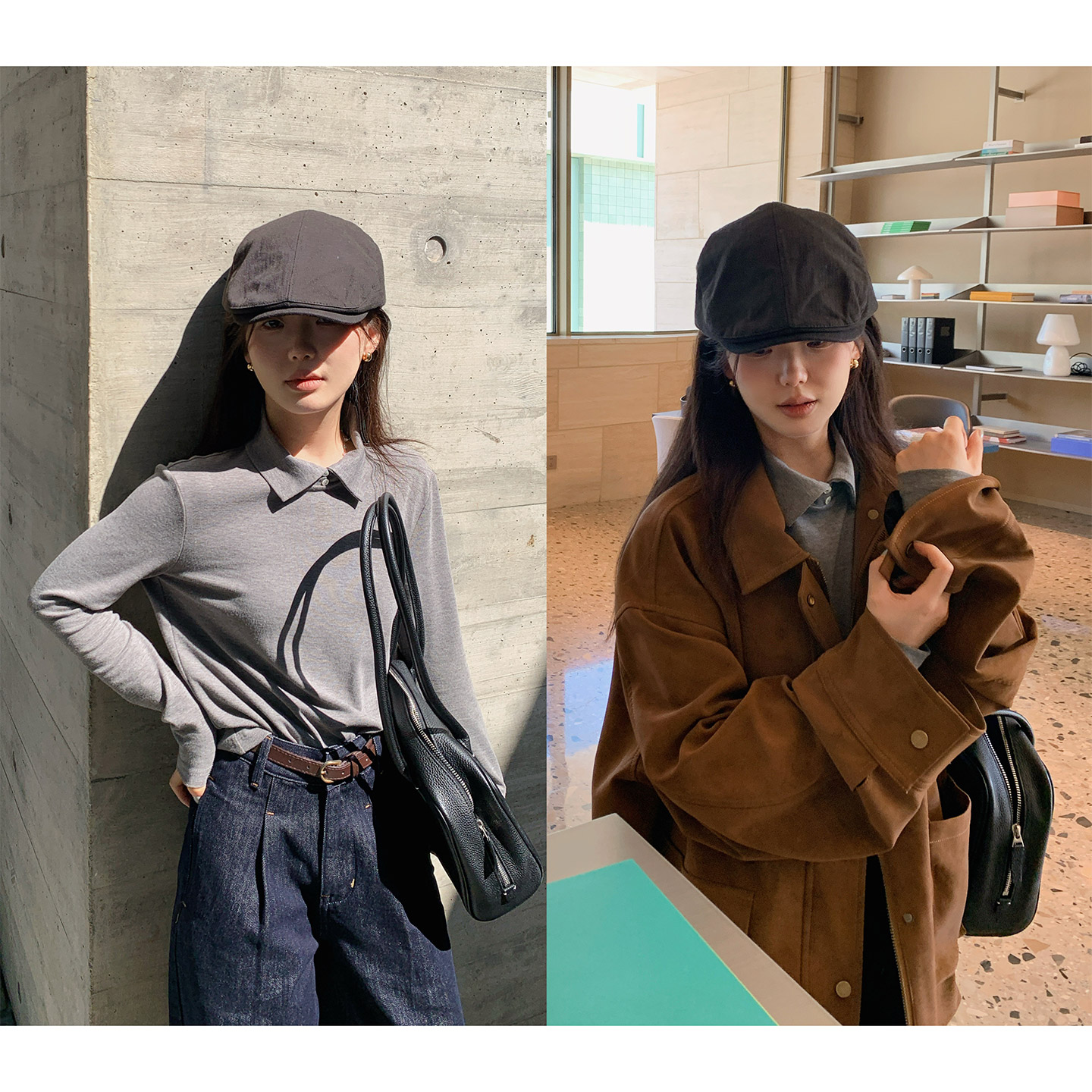 老钱风翻领长袖打底衫T恤上衣女