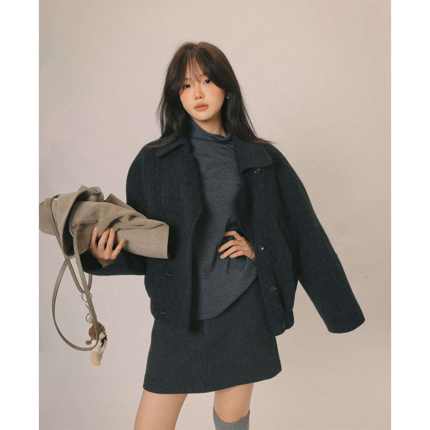 黑灰色双面呢大衣夹克西装外套女