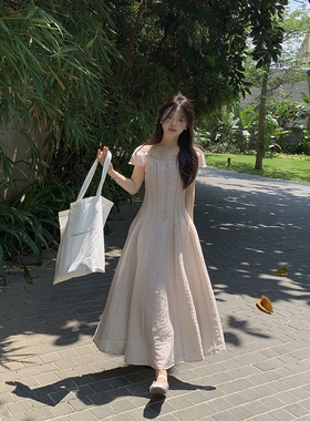 一三良品小个子 紫色人鱼姬～温柔法式收腰压褶短袖连衣裙长裙子