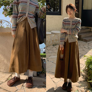 复古百搭a摆压褶灯芯绒半身裙