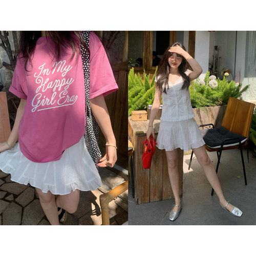 韩系甜妹百搭白色木耳边半身短裙