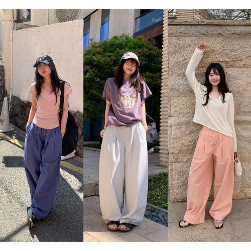 韩系宽松紧腰显瘦休闲阔腿裤女夏