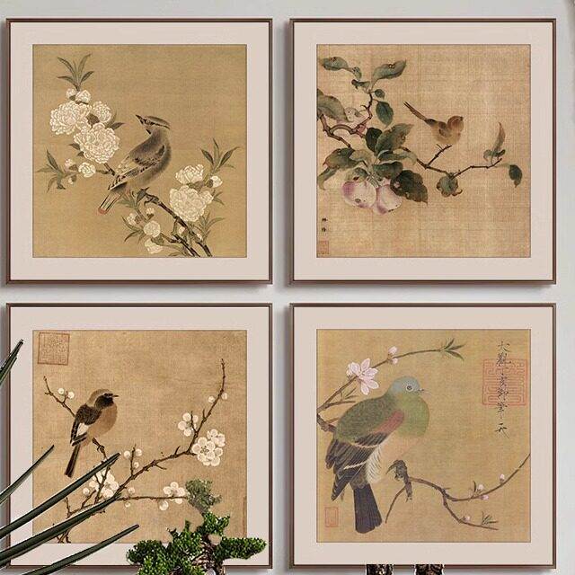 新中式茶室挂画禅意宋代美学壁画花鸟书房办公室背景墙组合装饰画