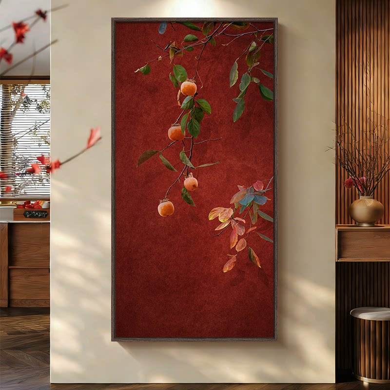 柿柿如意入户进门玄关装饰画宋代美学新中式走廊过道挂画红色壁画