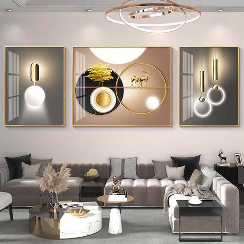 现代轻奢客厅金鹿送财三联挂画