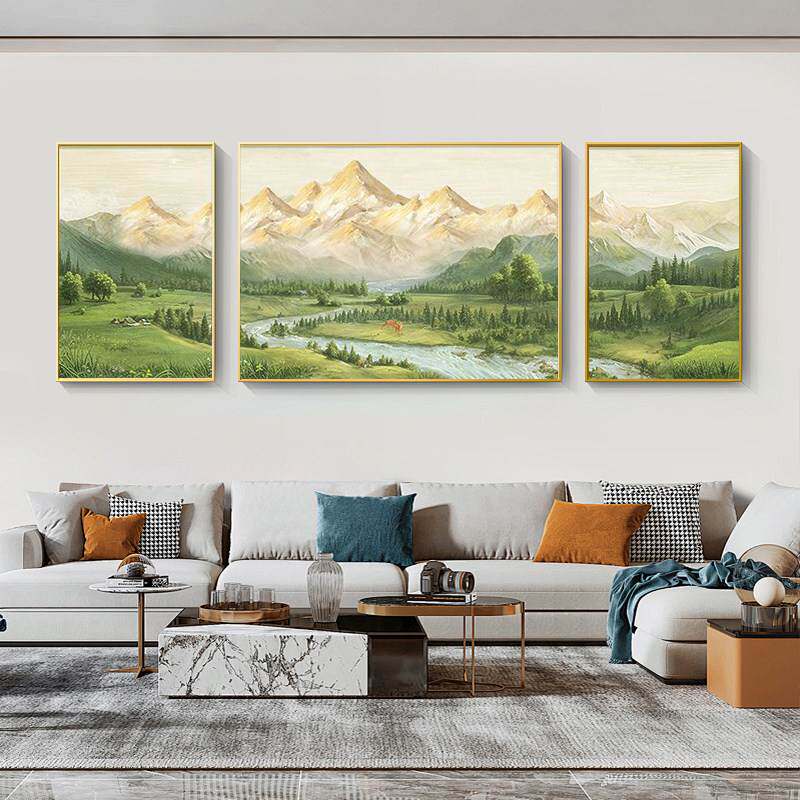 客厅装饰画沙发背景墙三联挂画山水现代简约高级感大气日照金山