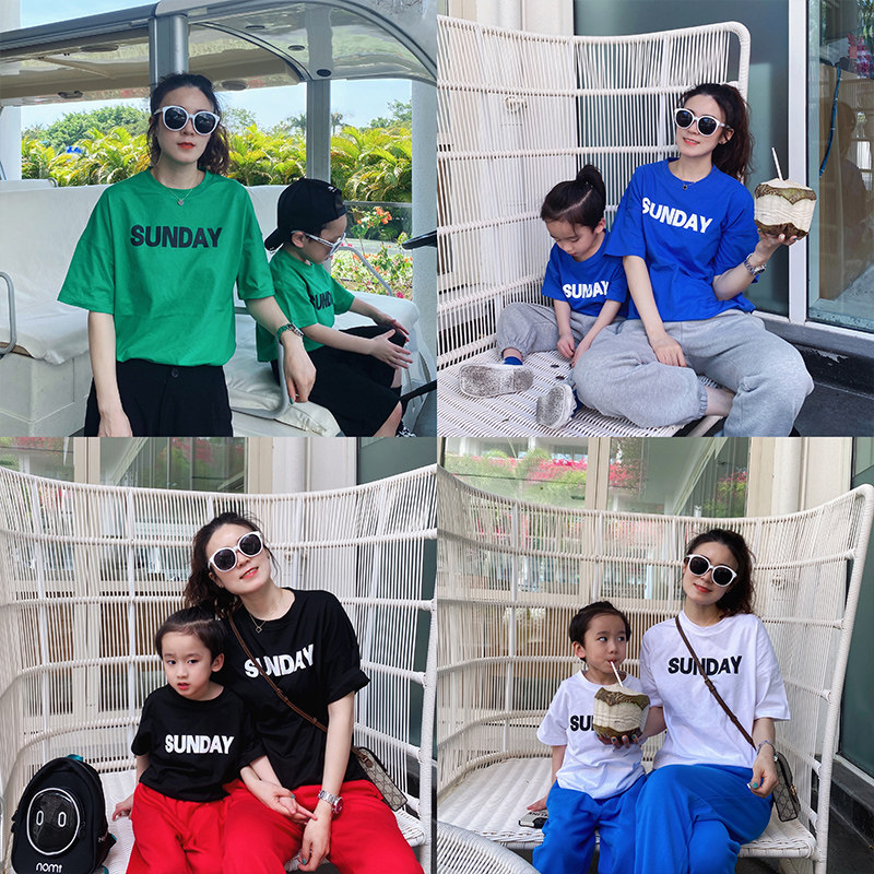 여름 신상품 친자복 3 4인 가족 인터넷 연예인 심플 반팔 모자복 순면 티셔츠 캐주얼하고 다재다능한 트렌드