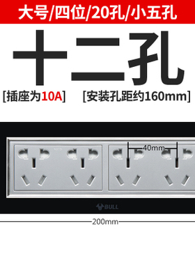 公牛118长方形玻璃面板12孔二十孔多开双控电脑开关插座G26黑色