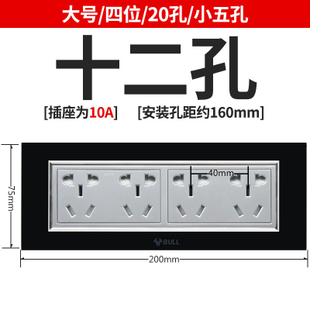 公牛118长方形玻璃面板12孔二十孔多开双控电脑开关插座G26黑色