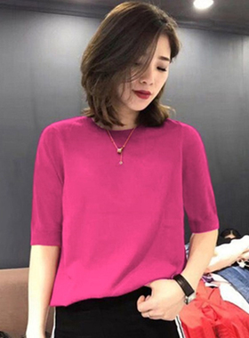 打底衫女装春秋冬季半高领中袖针织衫宽松五分袖T恤上衣打底毛衣