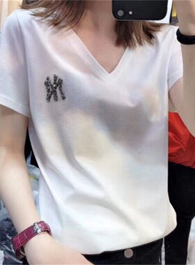 大码女装胖mm2025夏装纯棉V领打底衫宽松t恤女显瘦白色短袖上衣潮