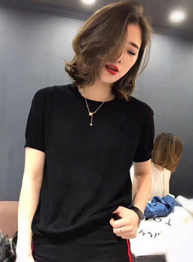 欧洲站短袖t恤女夏季2026新款冰丝针织薄款圆领宽松打底上衣衫潮