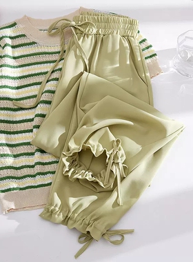 大码胖mm绿色冰丝运动裤女宽松束脚雪纺防蚊哈伦灯笼休闲裤子夏季