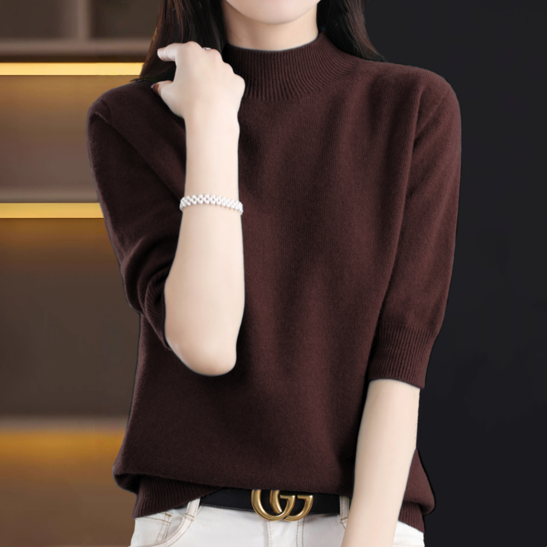 大码早秋半高领五分袖针织衫毛衣女新款中袖打底衫上衣纯色内搭潮