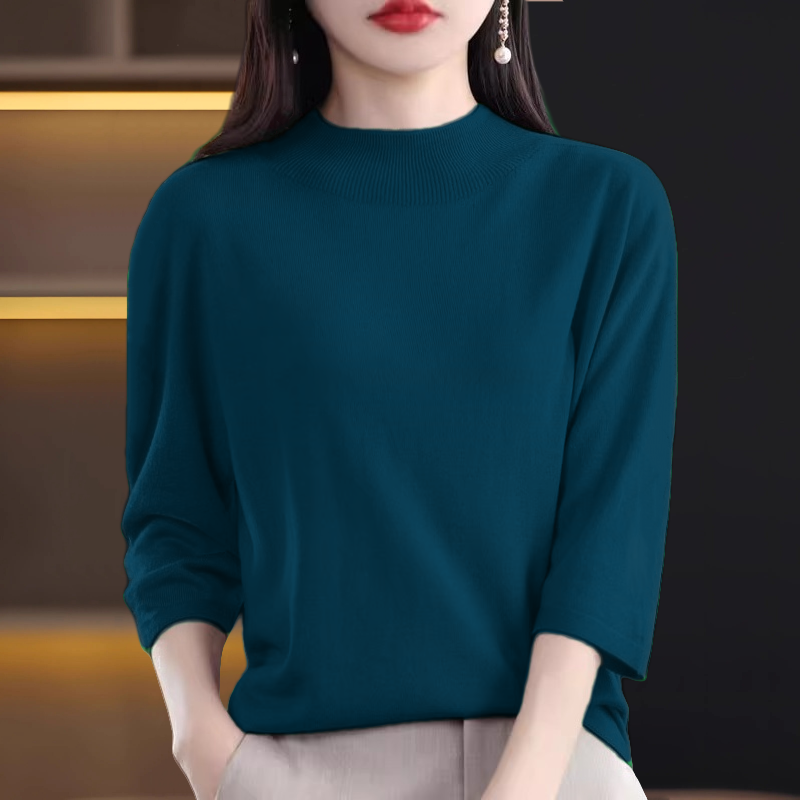 春秋季大码打底衫半高领七分袖针织衫毛衣女纯色宽松中袖内搭上衣