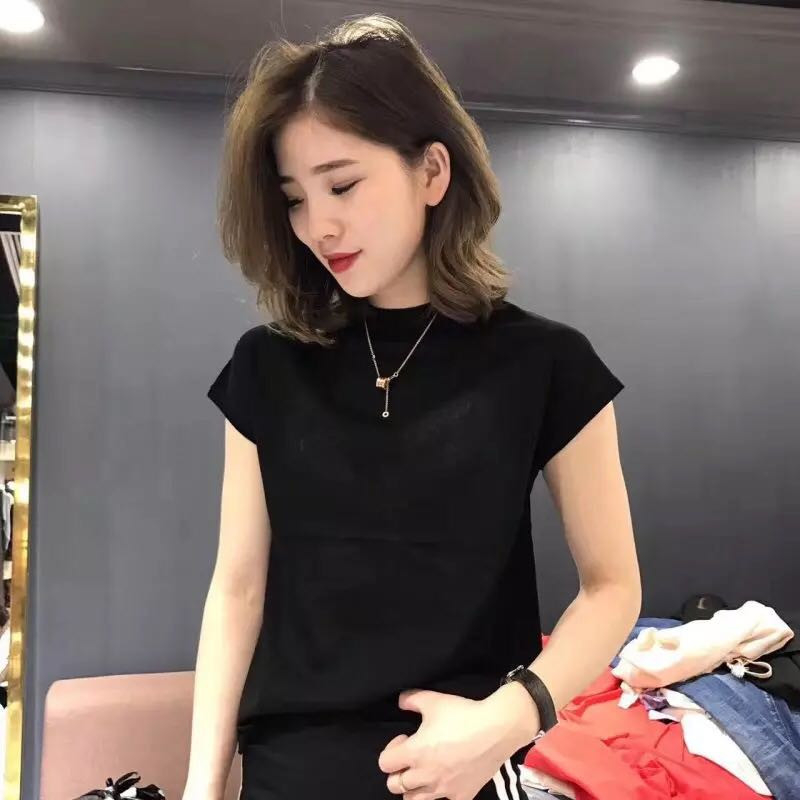 欧洲站夏季简约圆领冰丝短袖罩衫