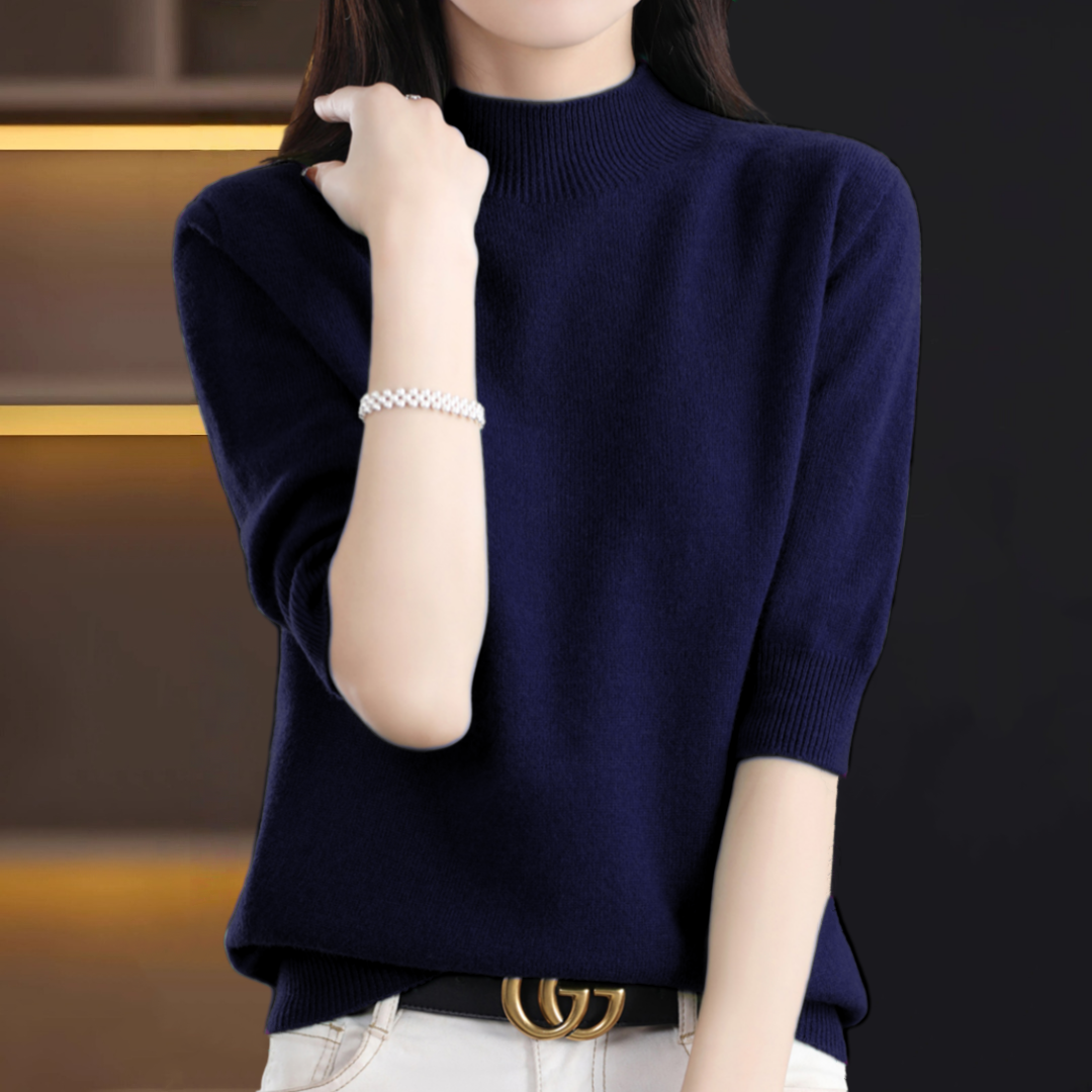 大码羊毛衫半高领五分袖针织衫打底衫女春秋内搭半袖T恤百搭外穿