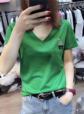 大码女装胖mm夏装纯棉打底衫宽松t恤女显瘦V领短袖镶钻绿色上衣潮