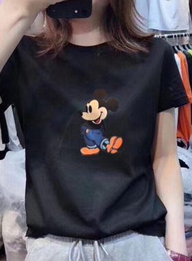 大码女装胖mm纯棉白色短袖t恤女百搭米奇刺绣卡通宽松打底衫夏季