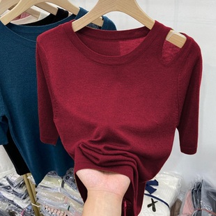 t恤女短袖 欧洲站冰丝针织衫 新款 薄款 宽松打底镂空露肩背上衣 夏季